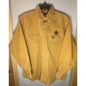 VTG WRANGLER Yellow Gold Western Shirt Pearl Snap 17 1/2 X 35 Work Shirt RARE